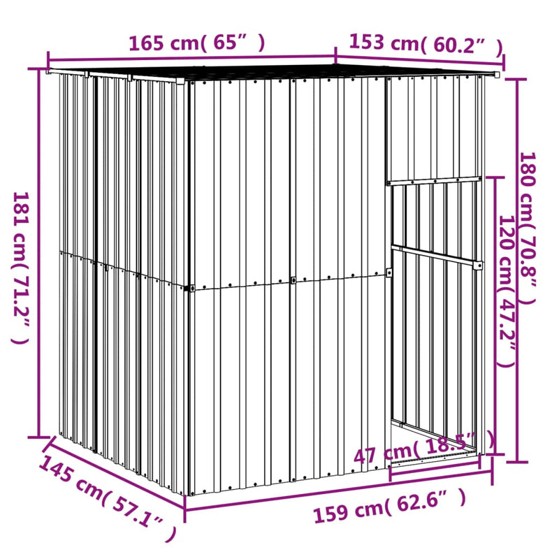 vidaXL világosszürke horganyzott acél tetős kutyakennel 165x153x181 cm