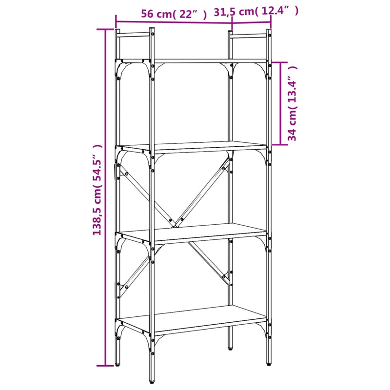 vidaXL 4 szintes fekete szerelt fa könyvespolc 56 x 31,5 x 138,5 cm