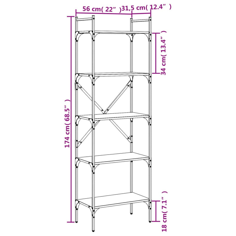 vidaXL 5 szintes fekete szerelt fa könyvespolc 56 x 31,5 x 174 cm