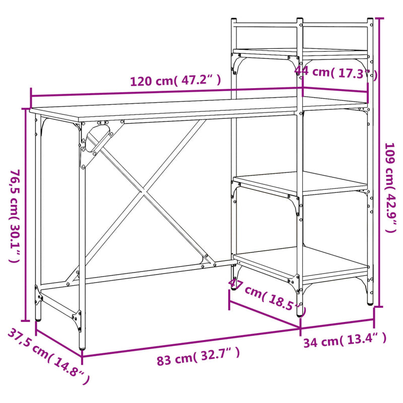 vidaXL barna tölgyszínű számítógépasztal polcokkal 120x47x109 cm