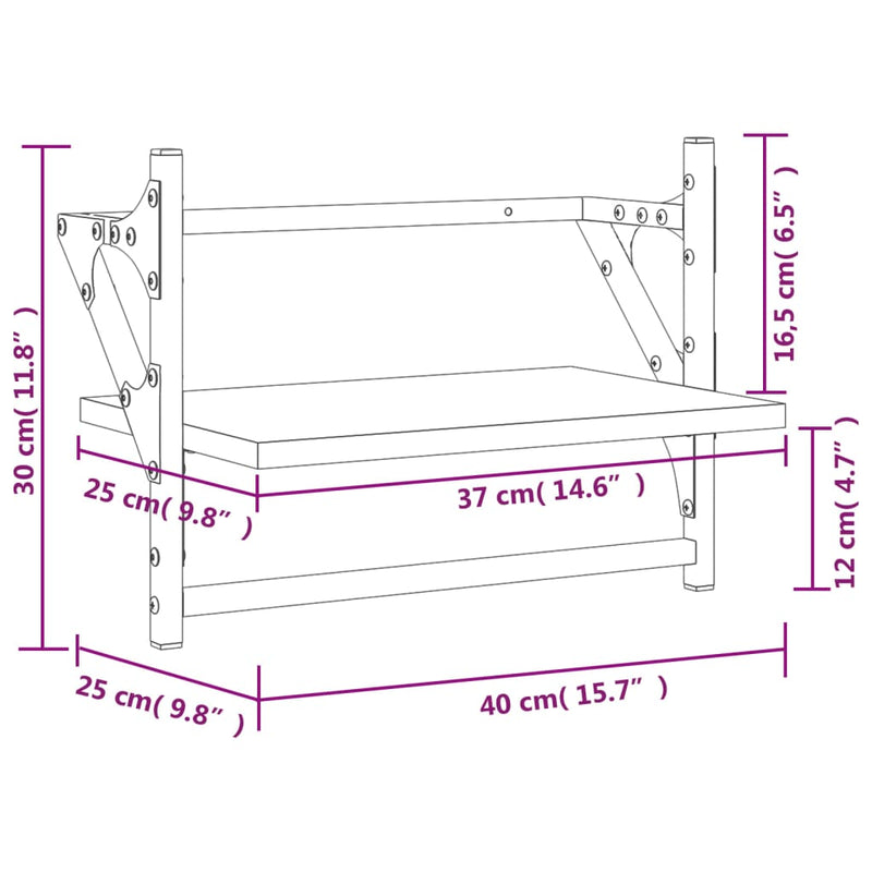 vidaXL 2 db fekete falipolc rúddal 40 x 25 x 30 cm