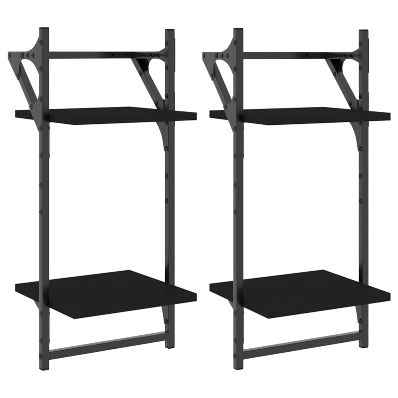 vidaXL 2 db 2 szintes fekete falipolc rúddal 30x25x65 cm