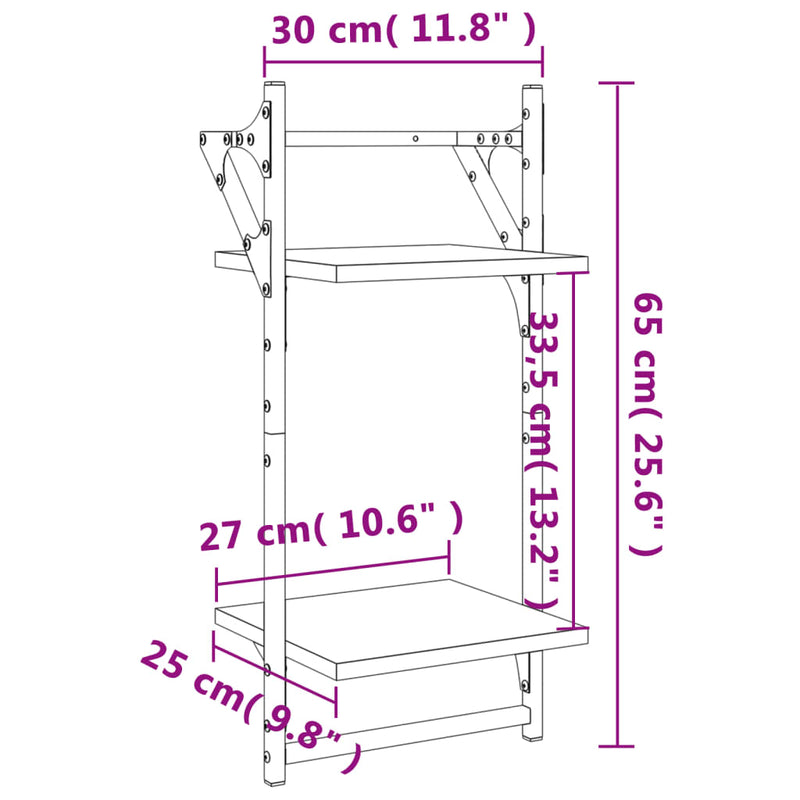 vidaXL 2 db 2 szintes sonoma tölgyszínű falipolc rúddal 30x25x65 cm