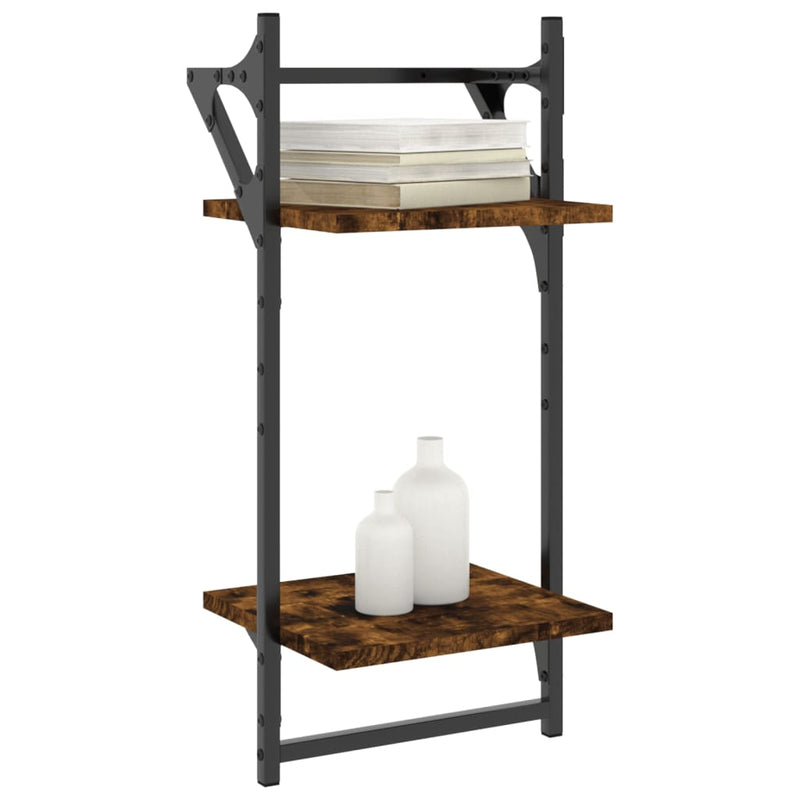 vidaXL 2 db 2 szintes füstös tölgy színű fali polc rúddal 30x25x65 cm