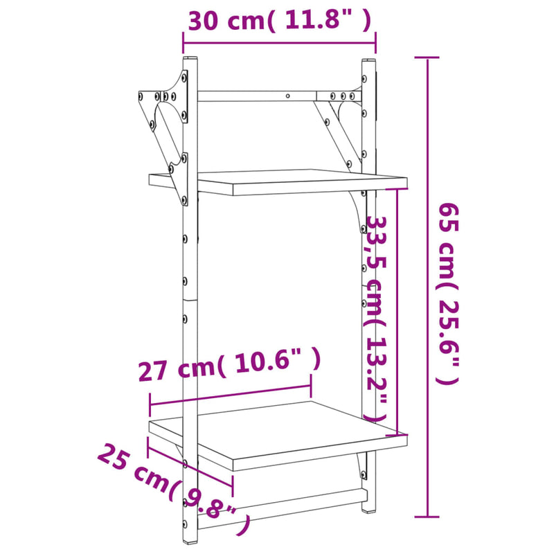 vidaXL 2 db 2 szintes füstös tölgy színű fali polc rúddal 30x25x65 cm