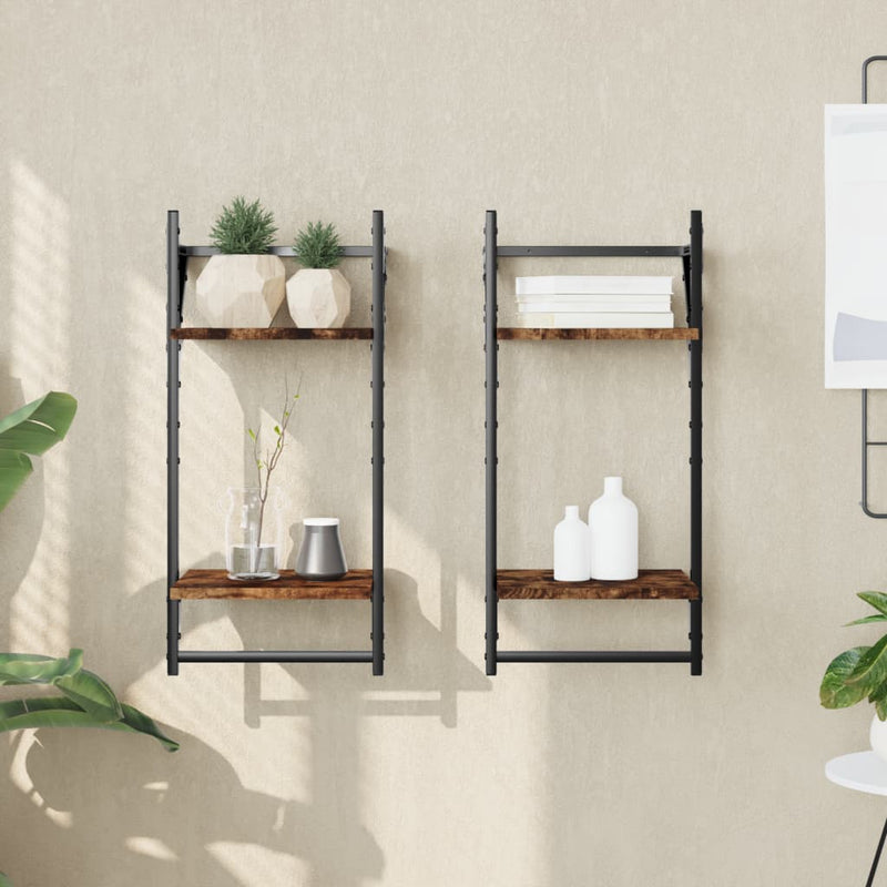 vidaXL 2 db 2 szintes füstös tölgy színű fali polc rúddal 30x25x65 cm