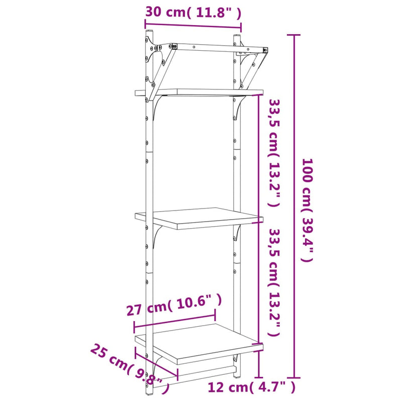 vidaXL 2 db 3 szintes sonoma tölgy színű falipolc rúddal 30x25x100 cm
