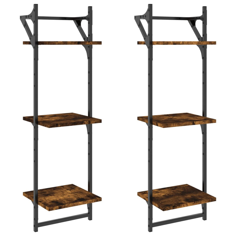 vidaXL 2 db 3 szintes füstös tölgy színű fali polc rúddal 30x25x100 cm