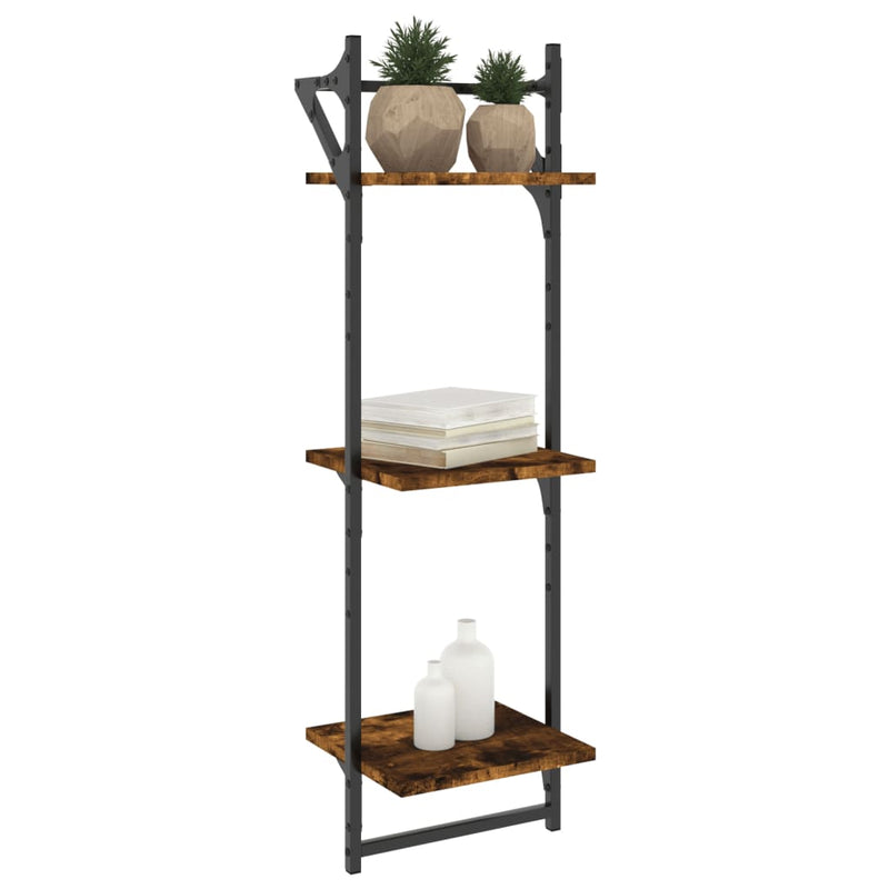 vidaXL 2 db 3 szintes füstös tölgy színű fali polc rúddal 30x25x100 cm