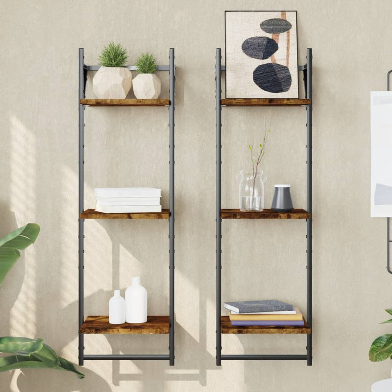 vidaXL 2 db 3 szintes füstös tölgy színű fali polc rúddal 30x25x100 cm