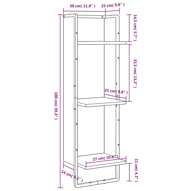 vidaXL 3 szintes barna tölgy színű szerelt fa fali polc 30x25x100 cm