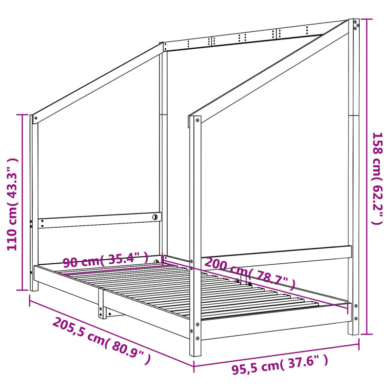 vidaXL fehér tömör fenyőfa gyerekágykeret 90 x 200 cm