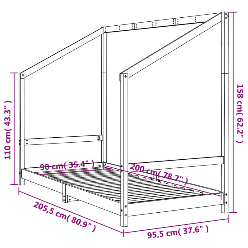 vidaXL fekete tömör fenyőfa gyerekágykeret 90 x 200 cm