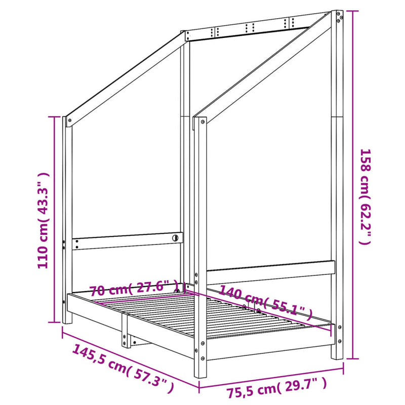 vidaXL fekete tömör fenyőfa gyerekágykeret 70 x 140 cm