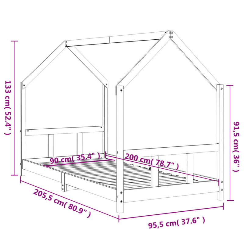 vidaXL fehér tömör fenyőfa gyerekágykeret 90 x 200 cm