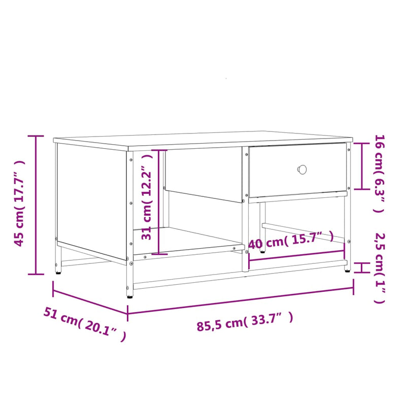 vidaXL füstös tölgy színű szerelt fa dohányzóasztal 85,5 x 51 x 45 cm