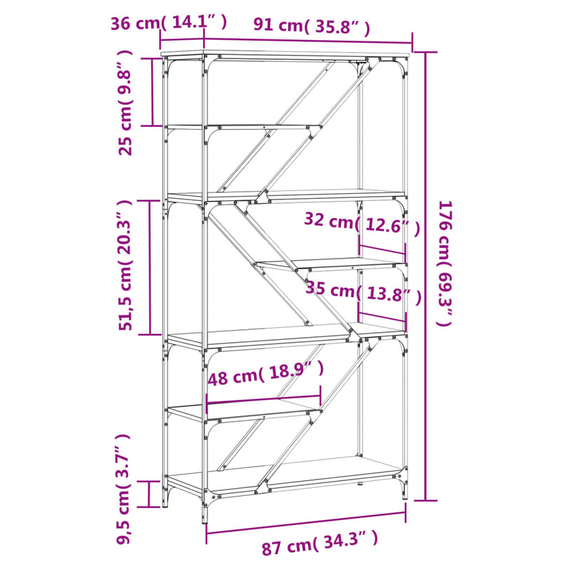 vidaXL szürke sonoma szerelt fa és acél könyvespolc 91x36x176 cm