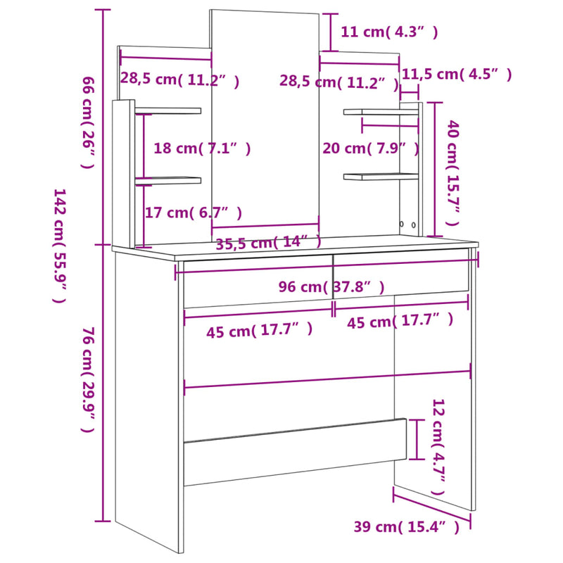 vidaXL betonszürke fésülködőasztal tükörrel 96 x 39 x 142 cm
