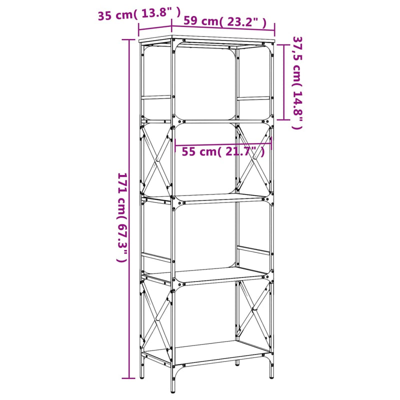 vidaXL 5 szintes füstös tölgy szerelt fa könyvespolc 59 x 35 x 132 cm