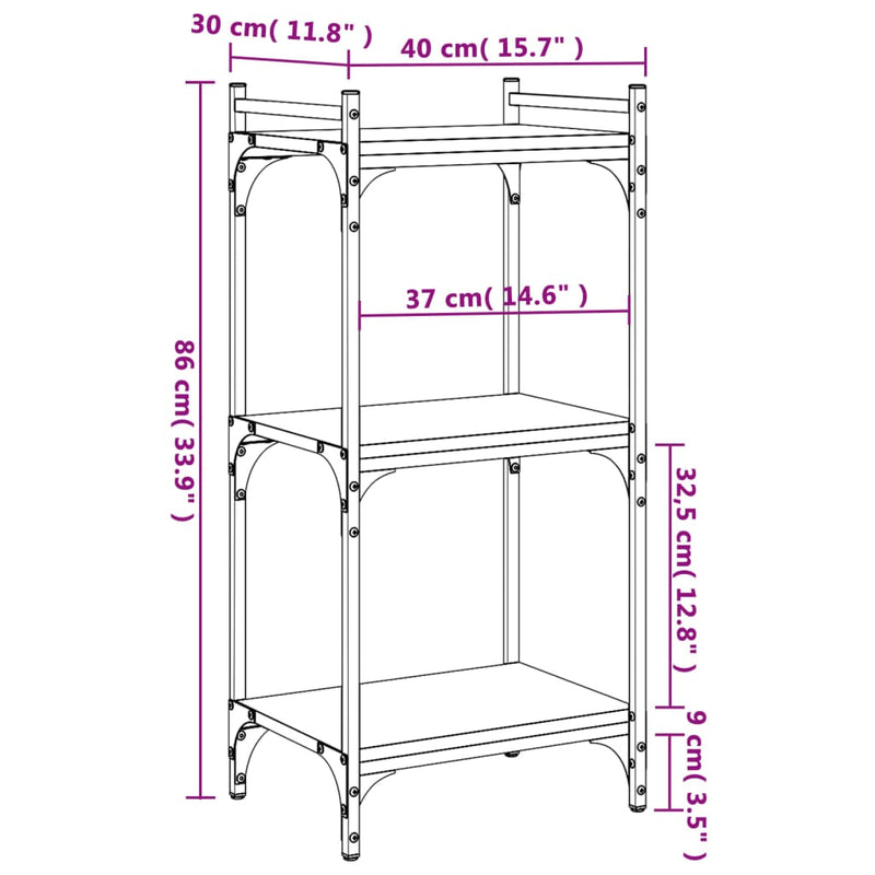 vidaXL 3 szintes szürke sonoma szerelt fa könyvespolc 40 x 30 x 86 cm