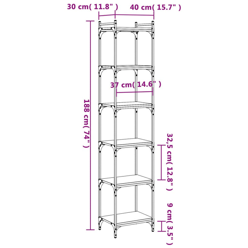 vidaXL 6 szintes szürke sonoma szerelt fa könyvespolc 40 x 30 x 188 cm