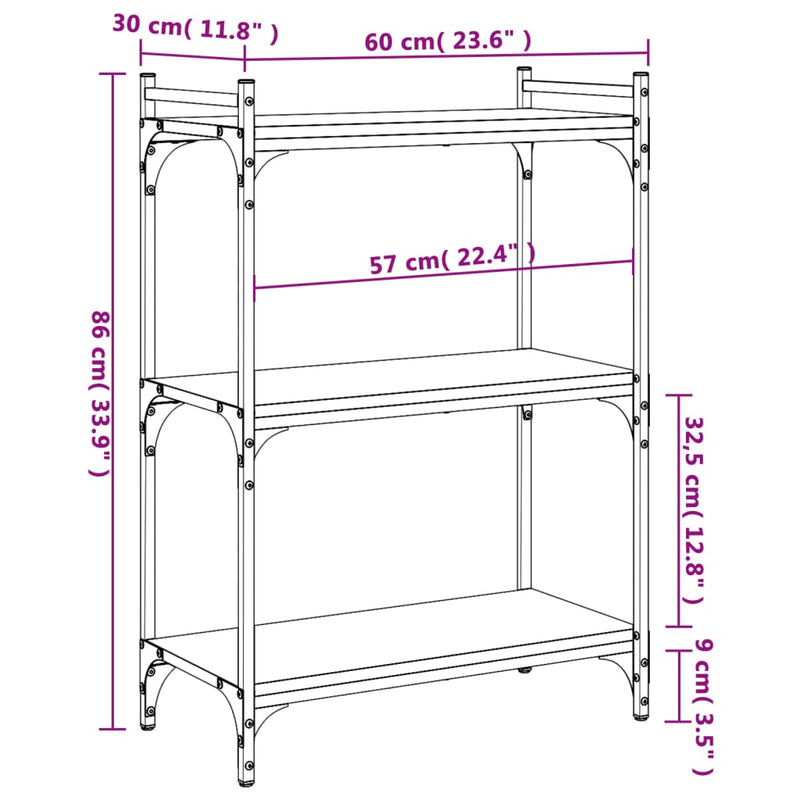 vidaXL 3 szintes fekete szerelt fa könyvespolc 60x30x86 cm