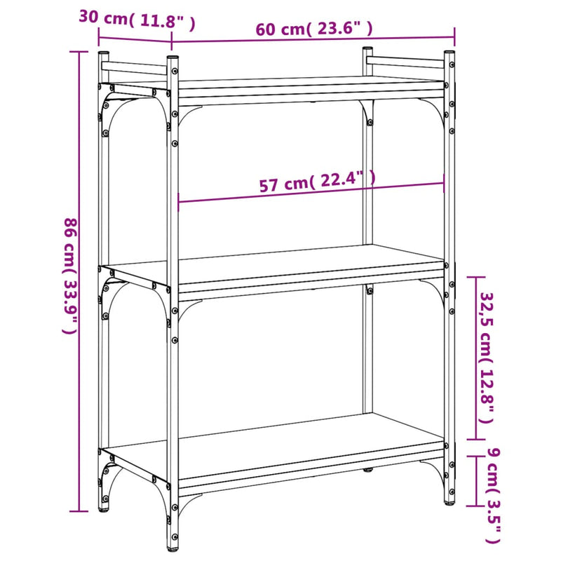 vidaXL 3 szintes szürke sonoma színű fa könyvespolc 60x30x86 cm