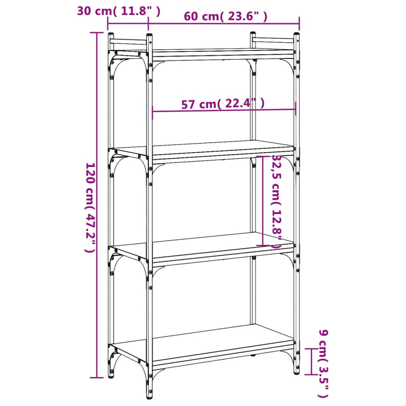 vidaXL 4 szintes szürke sonoma szerelt fa könyvespolc 60 x 30 x 120 cm
