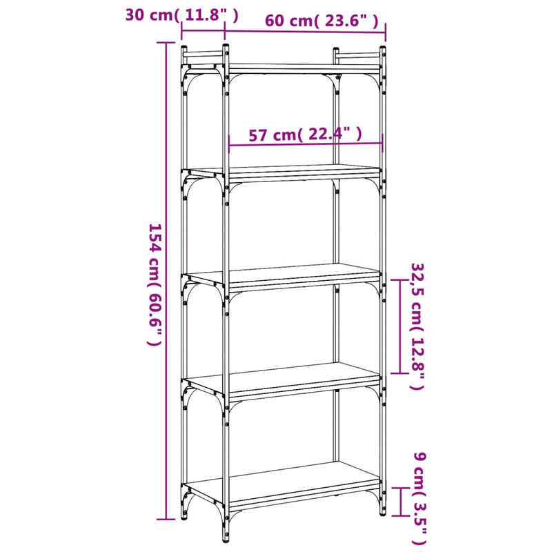 vidaXL 5 szintes fekete szerelt fa könyvespolc 60 x 30 x 154 cm