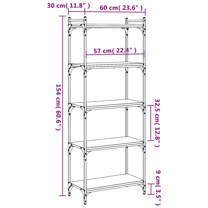 vidaXL 5 szintes sonoma tölgy szerelt fa könyvespolc 60 x 30 x 154 cm