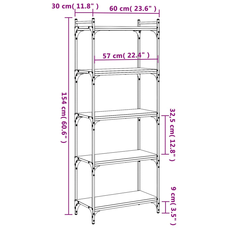 vidaXL 5 szintes szürke sonoma szerelt fa könyvespolc 60 x 30 x 120 cm