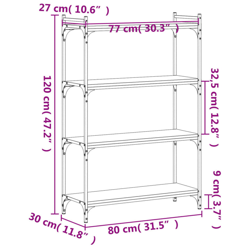 vidaXL 4 szintes fekete szerelt fa könyvespolc 80 x 30 x 120 cm