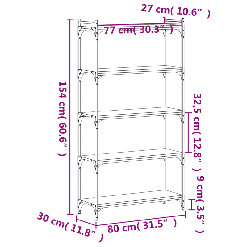 vidaXL 5 szintes szürke sonoma szerelt fa könyvespolc 80 x 30 x 154 cm