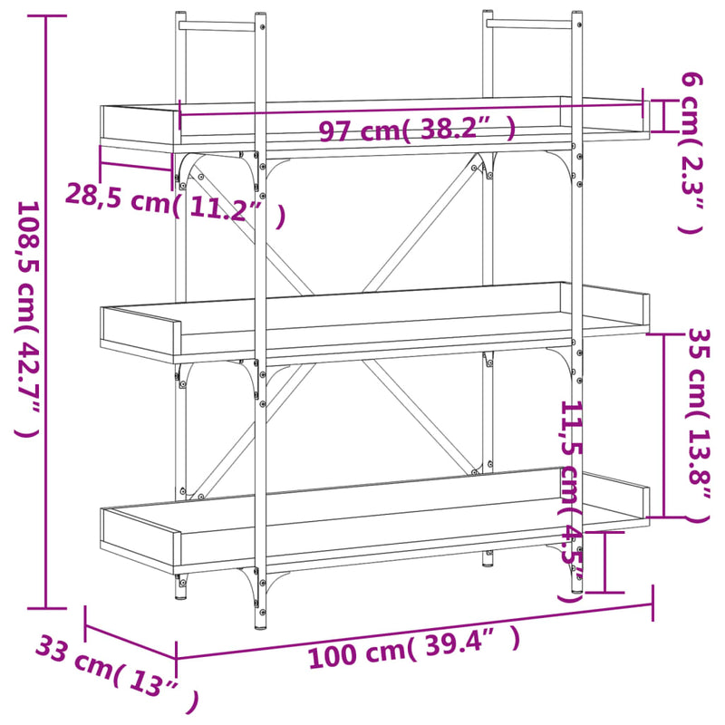 vidaXL 3-szintes fekete szerelt fa könyvespolc 100 x 33 x 108,5 cm