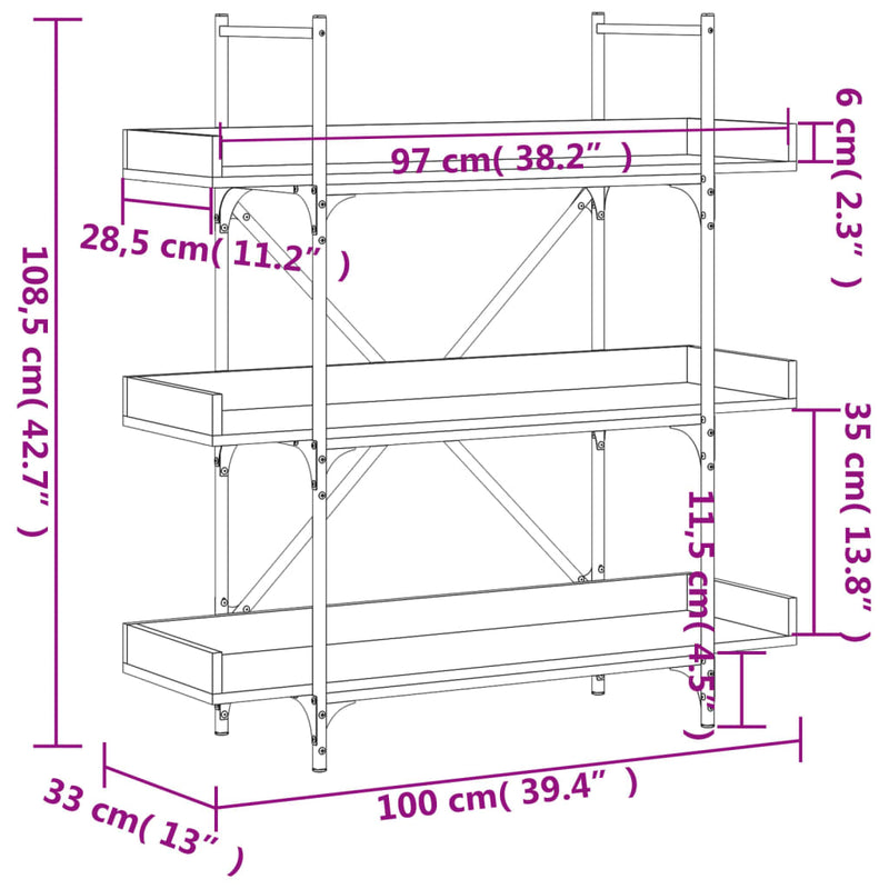 vidaXL 3-szintes szürke sonoma szerelt fa könyvespolc 100x33x108,5 cm