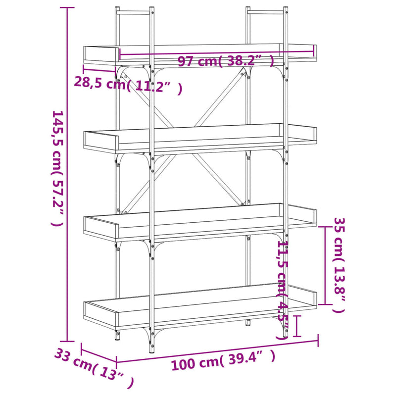 vidaXL 4-szintes barna tölgy szerelt fa könyvespolc 100x33x145,5 cm