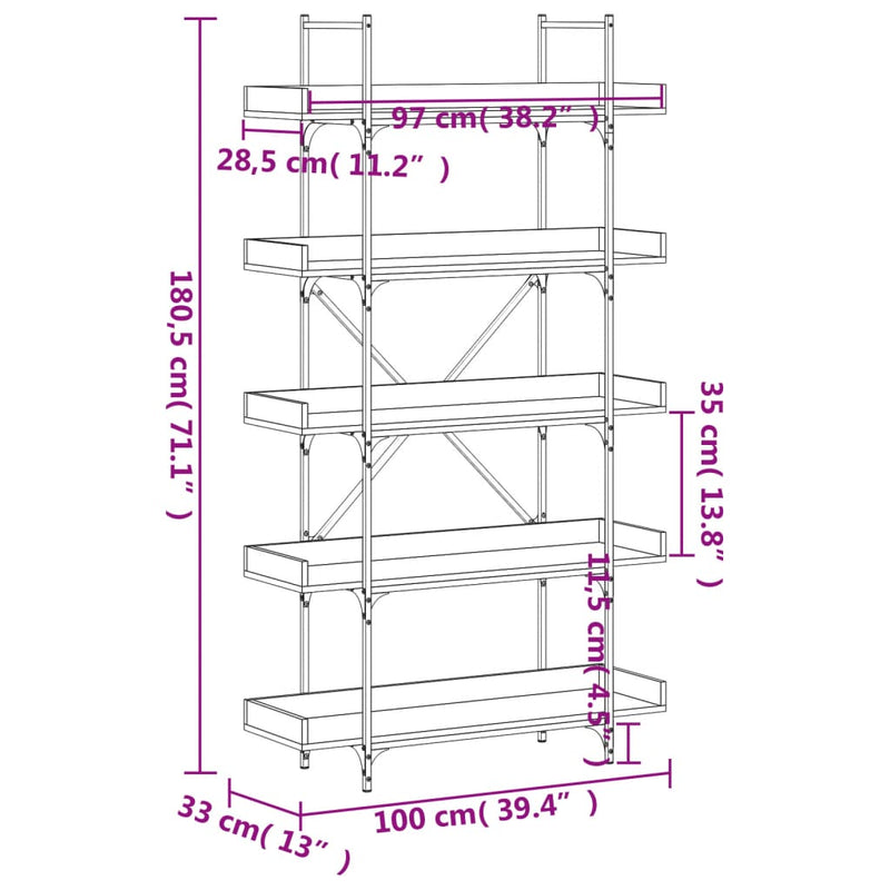 vidaXL 5-szintes fekete szerelt fa könyvespolc 100 x 33 x 180,5 cm