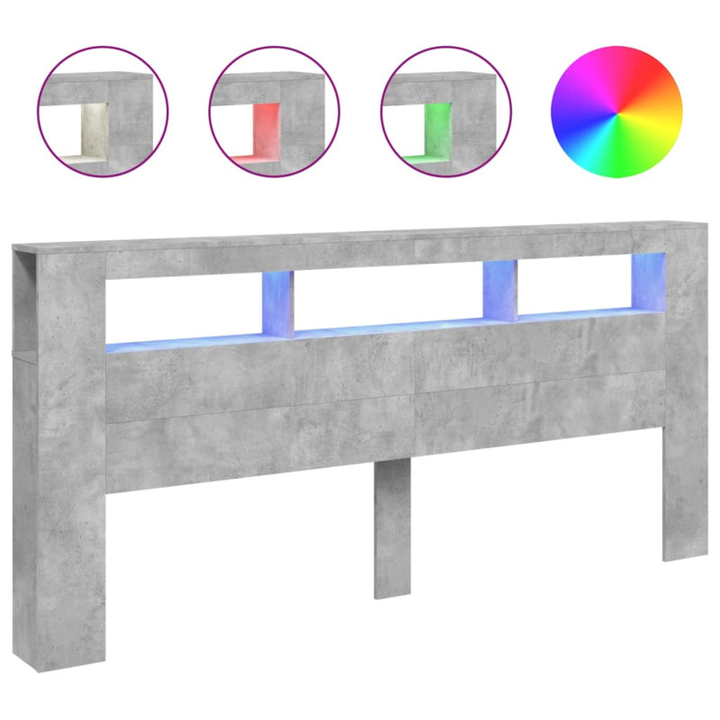 vidaXL betonszürke szerelt fa LED-es fejtámla 220x18,5x103,5 cm