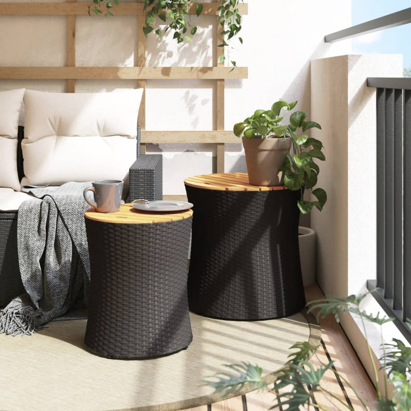 vidaXL 2 db fekete polyrattan kerti kisasztal fa asztallappal