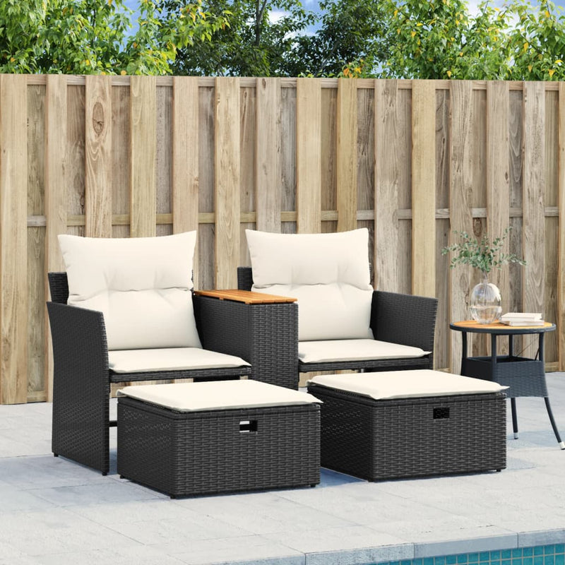vidaXL 2 személyes fekete polyrattan kerti kanapé zsámollyal