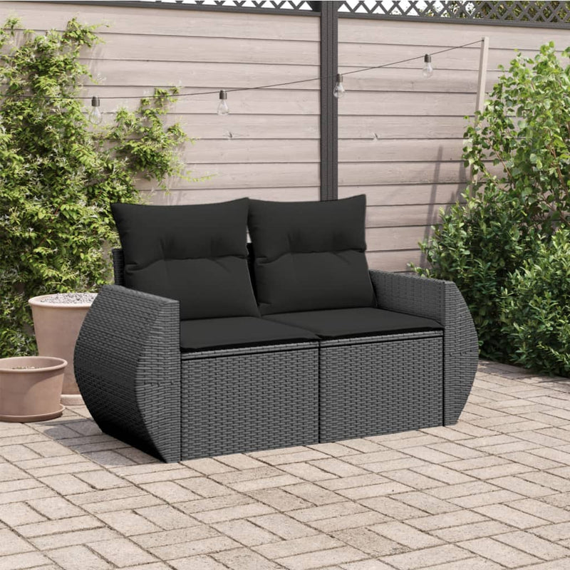 vidaXL 2 személyes fekete polyrattan kerti kanapé párnával