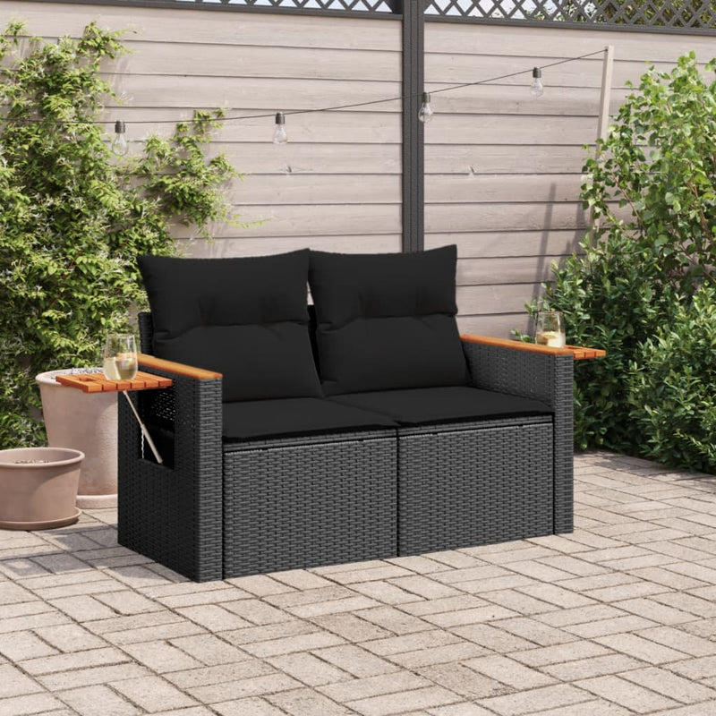 vidaXL 2 személyes fekete polyrattan kerti kanapé párnával