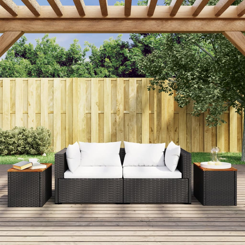 vidaXL 2 db fekete polyrattan és tömör fa kerti kisasztal 55x34x37 cm