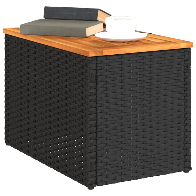 vidaXL 2 db fekete polyrattan és tömör fa kerti kisasztal 55x34x37 cm