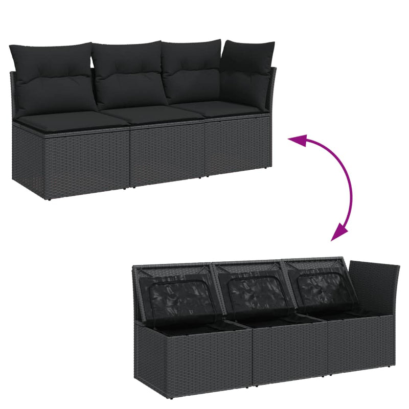 vidaXL fekete 3 személyes polyrattan kerti kanapé párnákkal