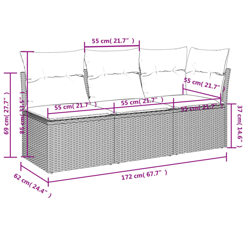 vidaXL fekete 3 személyes polyrattan kerti kanapé párnákkal
