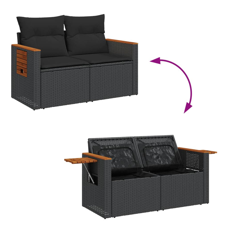 vidaXL 2 személyes fekete polyrattan kerti kanapé párnával