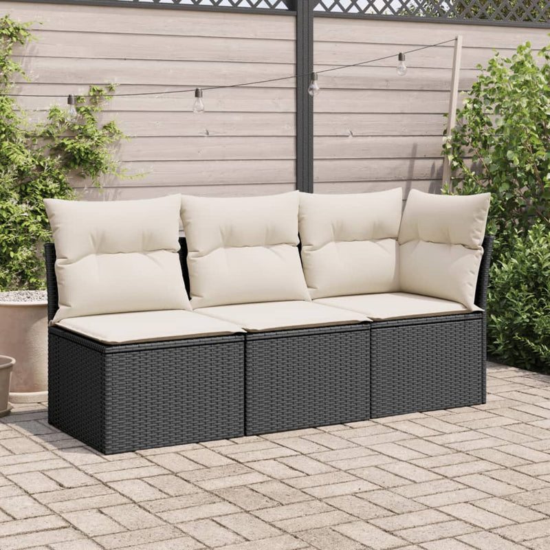 vidaXL fekete 3 személyes polyrattan kerti kanapé párnákkal