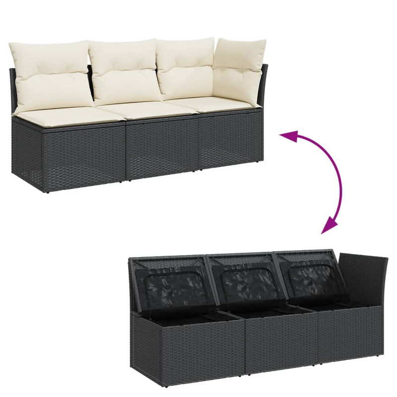 vidaXL fekete 3 személyes polyrattan kerti kanapé párnákkal