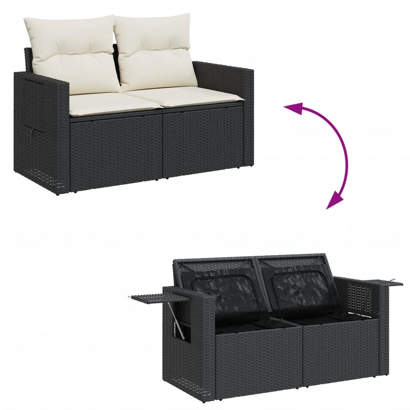 vidaXL 2 személyes fekete polyrattan kerti kanapé párnával